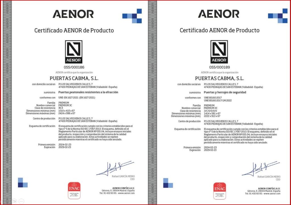 Certificado AENOR de Producto - CABMA Premium 3C