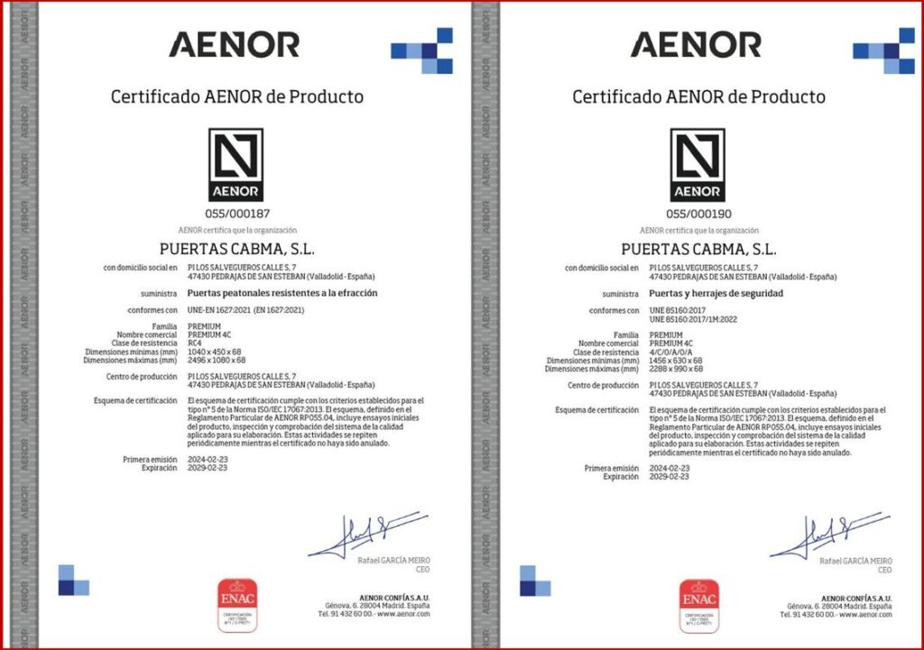 Certificado AENOR de Producto - CABMA Premium 4C