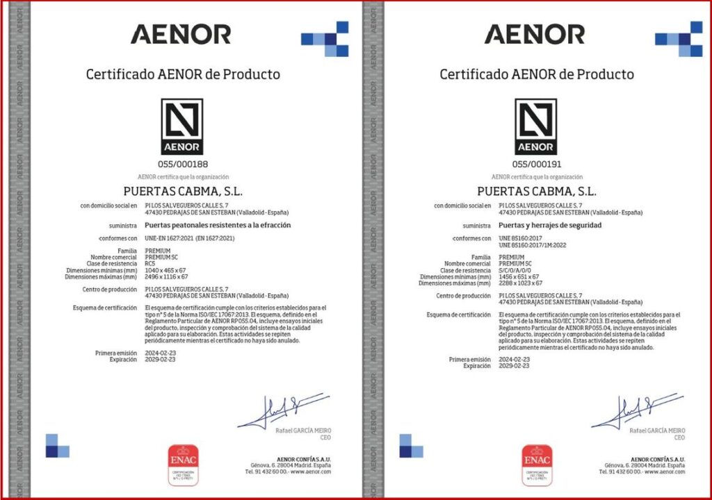 Certificado AENOR de Producto - CABMA Premium 5C