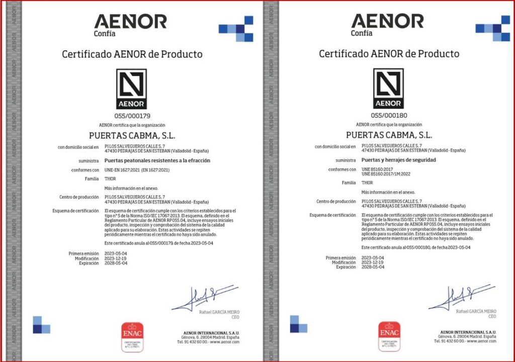 Certificado AENOR de Producto - CABMA Thor 20