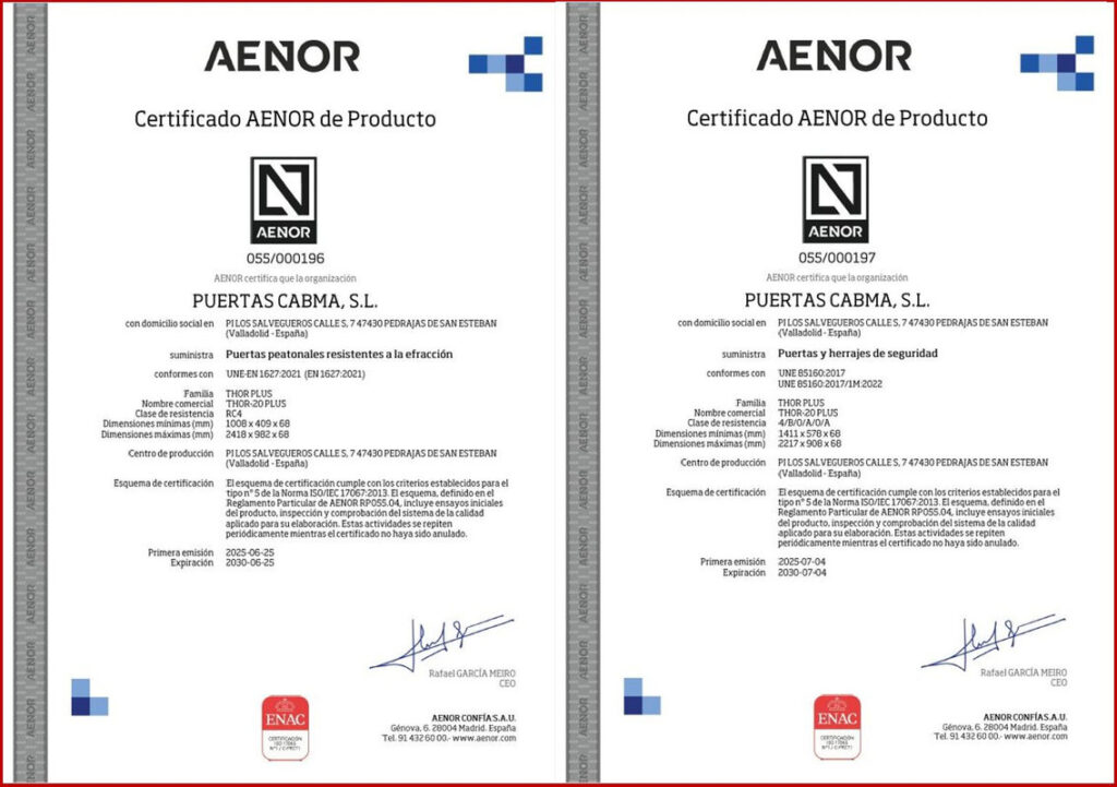 Certificado AENOR de Producto - CABMA Thor 20 Plus